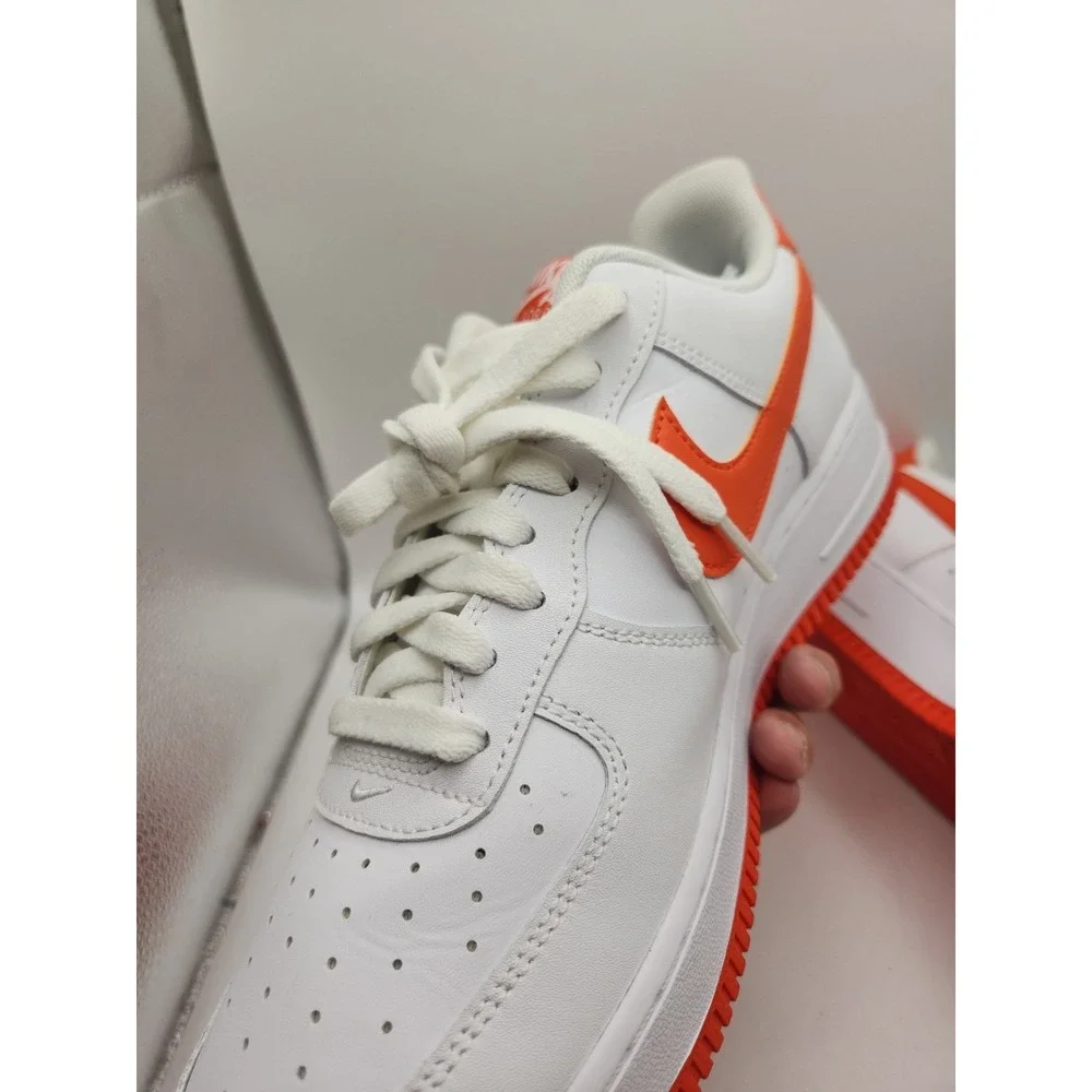 Nike Air Force 1 Low Top Men's Sneaker White/Orange Leather Lace-Up Rubber 9 1/2
